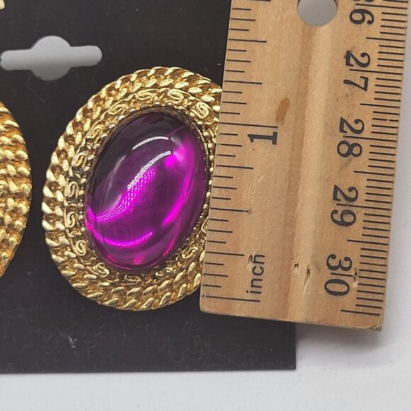 VTG Gold Tone Purple Jewel Tone Cabochon Earrings Oval Statement Heavy Korea - Picture 7 of 8